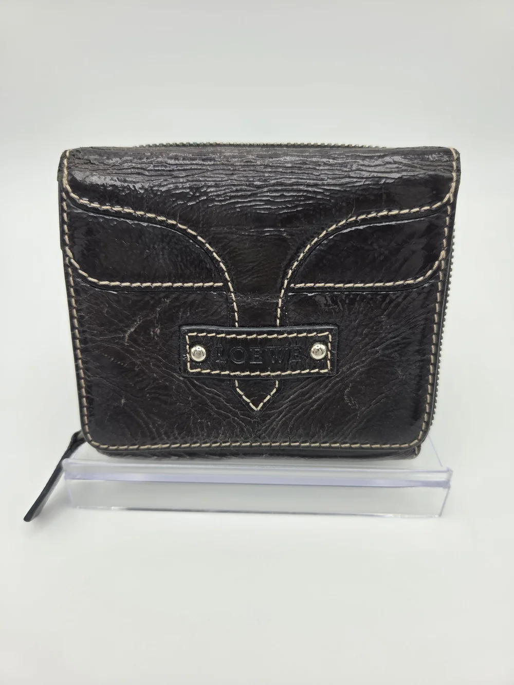 Authentic Loewe Vintage Y2K Brown External Crinkle Leather Zip Wallet W COA